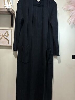 HALARA Black Ribbed Longline Hoodie Cardigan with Pockets